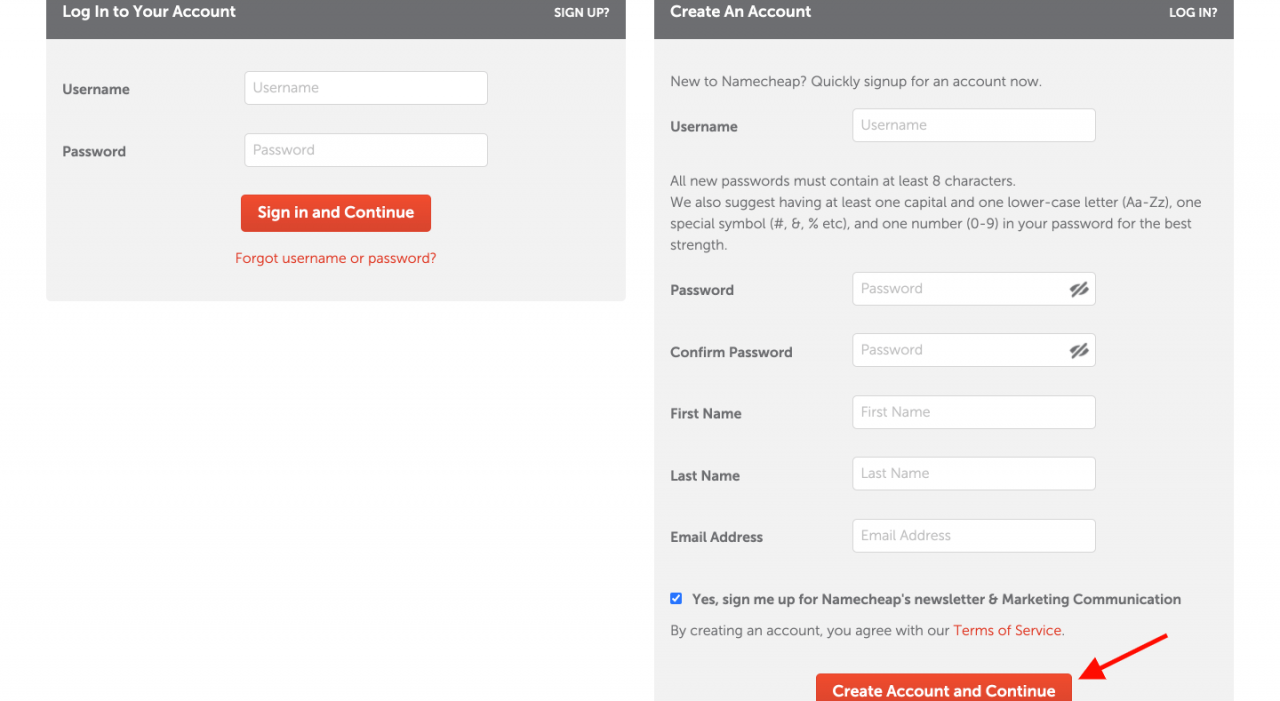 Create an account on Namecheap